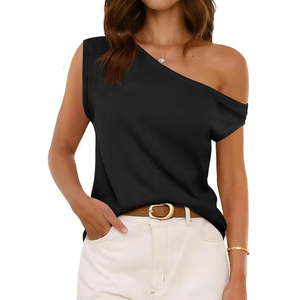 Cicy Bell Womens Off One Shoulder Tops Summer Ribbed Knit Tank Tops Trendy Casual Loose Fit Sleeveless Tee Shirts M