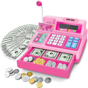 BAODLON Calculator Cash Register - 103 Pcs Pink Toy Cash Register, Microphone, Credit Card and Banking for Kids, Early Math Skills Toys Gifts for 3, 4, 5, 6 7 8+ Years Old Boys Girls
