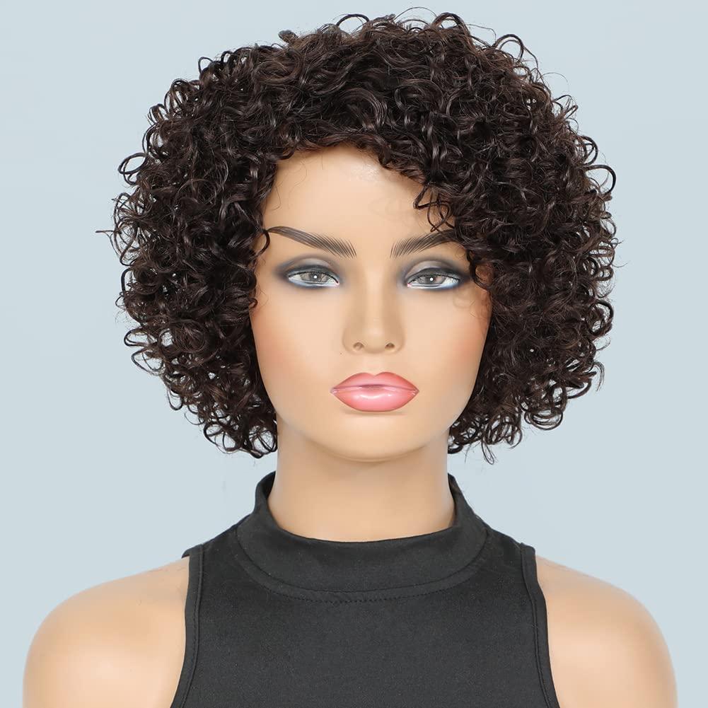 UDU Short Curly Human Hair Wigs For Black Women Dark Brown Human Hair Curly Wigs Non Lace Glueless Wigs Human Hair Side Part Wigs (2#)