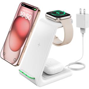 GEEKERA 3 in 1 Wireless Charging Station for Apple, Fast Wireless Charger Stand Dock for iPhone 17 16 15 14 13 12 11 Pro Max Plus XR XS X, Apple Watch Ultra/11/10/9/SE/8/7/6/5/4/3/2, AirPods Pro/4/3/2 (White)