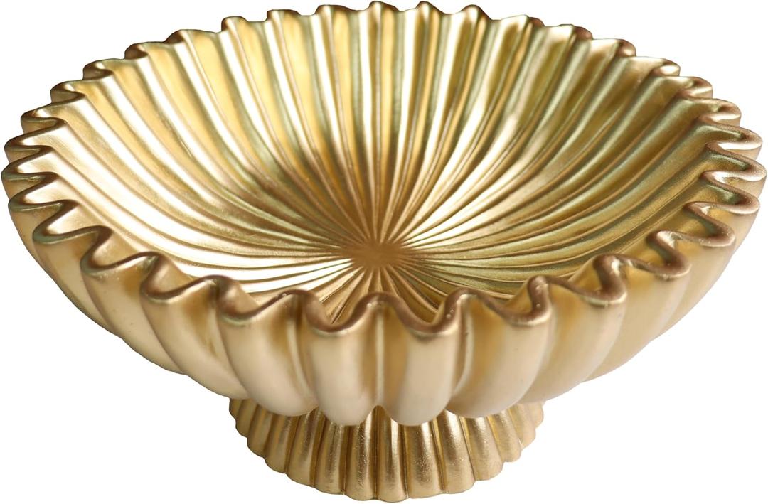 10" Large Decorative Bowl decor, Scalloped Bowls for Modern Home Decor,Ruffle Decor,Stylish Key Bowl for Entry Table,Decorative Fruit Bowl for Kitchen Counter,With base,Golden