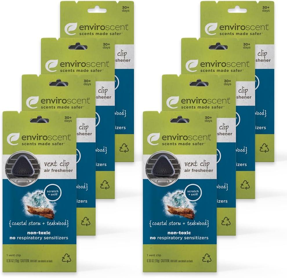 Enviroscent Non-Toxic* Car Vent Clip Air Fresheners - Single Use Auto Vent Clips - Good for All Vehicle Types -Fragrance Lasts Up to 30 Days - Coastal Storm & Teakwood Scent (8 Count)