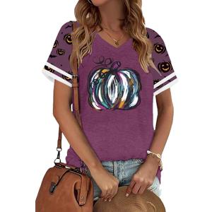 Halloween Shirts Women Fall Pumpkin Tshirt Ghost T Shirt Skeleton Tops Casual V Neck Short Sleeve Tees (Purple, XXL)