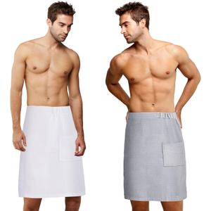 Newwiee 2 Pcs Men's Bath Towel Wrap Shower Sauna Wrap 59 x 24 Inches Waffle Adjustable Microfiber Quick Absorbent Spa Body Towel for Men Dorm Room Gym, Gift for Birthday Christmas(Gray, White)
