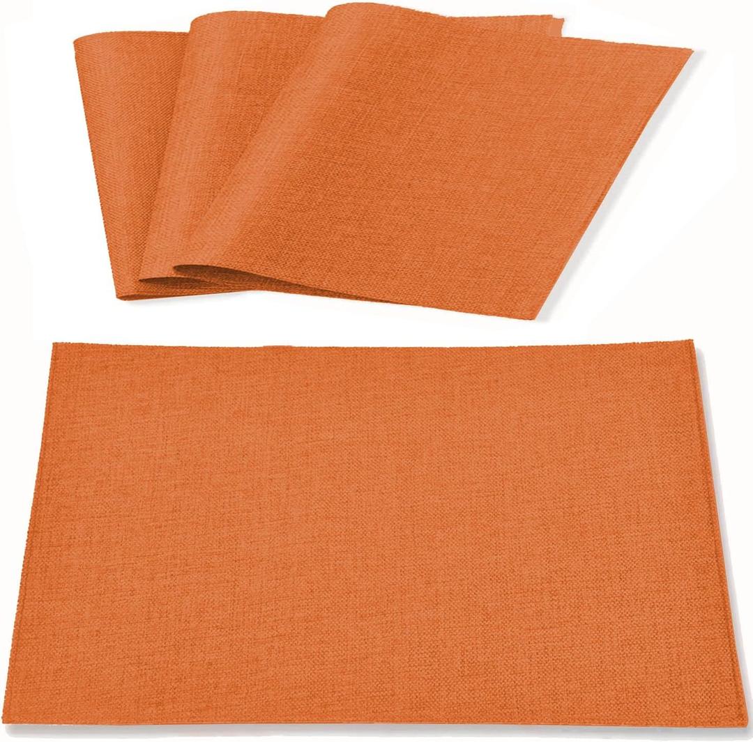Linen Fabric Placemats Set of 4, Machine Washable, Heat Resistant, Wrinkle Free Thick Polyester Kitchen Place Mats for Dining Table (Orange)