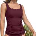ANFILIA Womens Two Piece Ribbed Tankini Swimsuits Scalloped Tankini Tops with Bottoms Tummy Control Bathing Suits (XX-Large, Red)