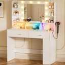 LUCKRACER Vanity Desk with LED Lights Mirror & Charging Station, Makeup Vanity with Storage Drawers and Shelves, Modern Dressing Table for Women Girls Bedroom, Ivory White