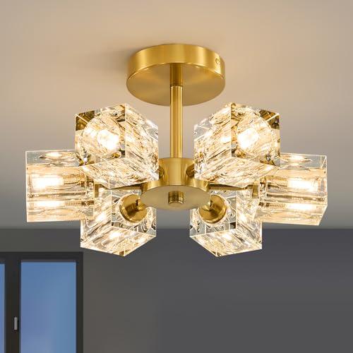 K9 Crystal Semi Flush Ceiling - Modern Gold 6 Lights Sputnik Ceiling Light Fixture - Brushed Brass Luxury Flushmount Chandelier for Dining Room Kitchen Living Room Bedroom Bathroom Entryway Foyer