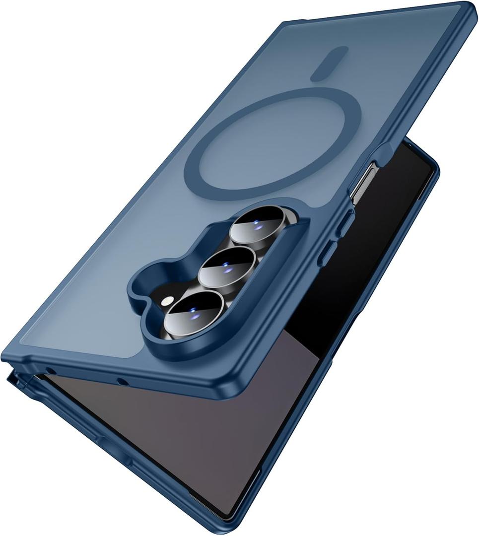 MAKAVO Magnetic for Samsung Galaxy Z Fold 7 Case [Compatible with MagSafe] Slim Translucent Matte Hard Back Cover & Soft Bumper, Fold7 Silicone Shockproof Phone Case, Blue
