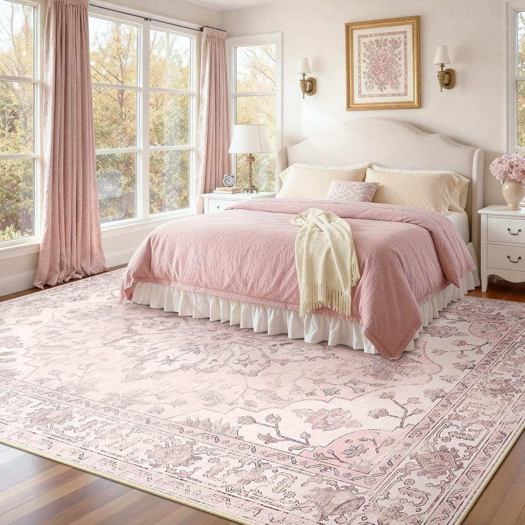 Area Rugs 8'x10' Washable Non-Slip, Floral Vintage Distress Print Pattern Medallion Carpet for Living Room Bedroom Dining Room, Pink Greypink Cute