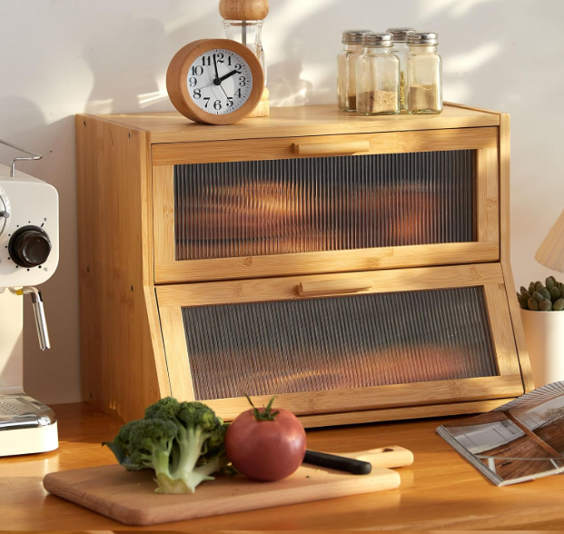 GHWIE Double Layer Bamboo Bread Box for Kitchen Counter,Large Capacity Bread Storage Bin,Bread Container with Acrylic Wavy Door Panel (Natural, Medium)