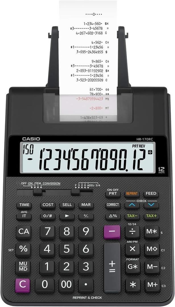 Casio HR-170RC Plus  Mini Desktop Printing Calculator | Check & Correct, Cost/Sell/Margin, Dual-Color Print | Ideal for Taxes, Bookkeeping & Accounting Tasks, Assorted Colors