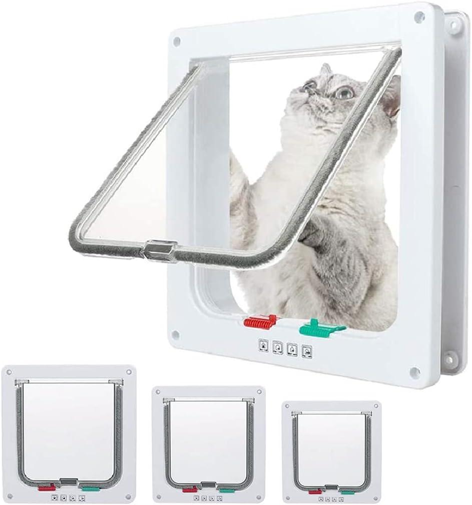 goTeamghjkl Cat Door Flap (Outer Size 7.5" x 7.8"), 4 Way Locking Medium Cat Door for Interior Exterior Doors, Weatherproof Pet Door for Cats Doggie Kitty and Kittens with Circumference < 15.75" (White)