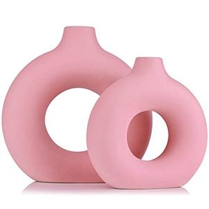 Pink Vase Decor Donut Vase Set of 2 - Circle Hollow Vases, Modern Matte Ceramic Vases for Entryway Living Room Bedroom Dining Table Centerpiece Office Home Decor
