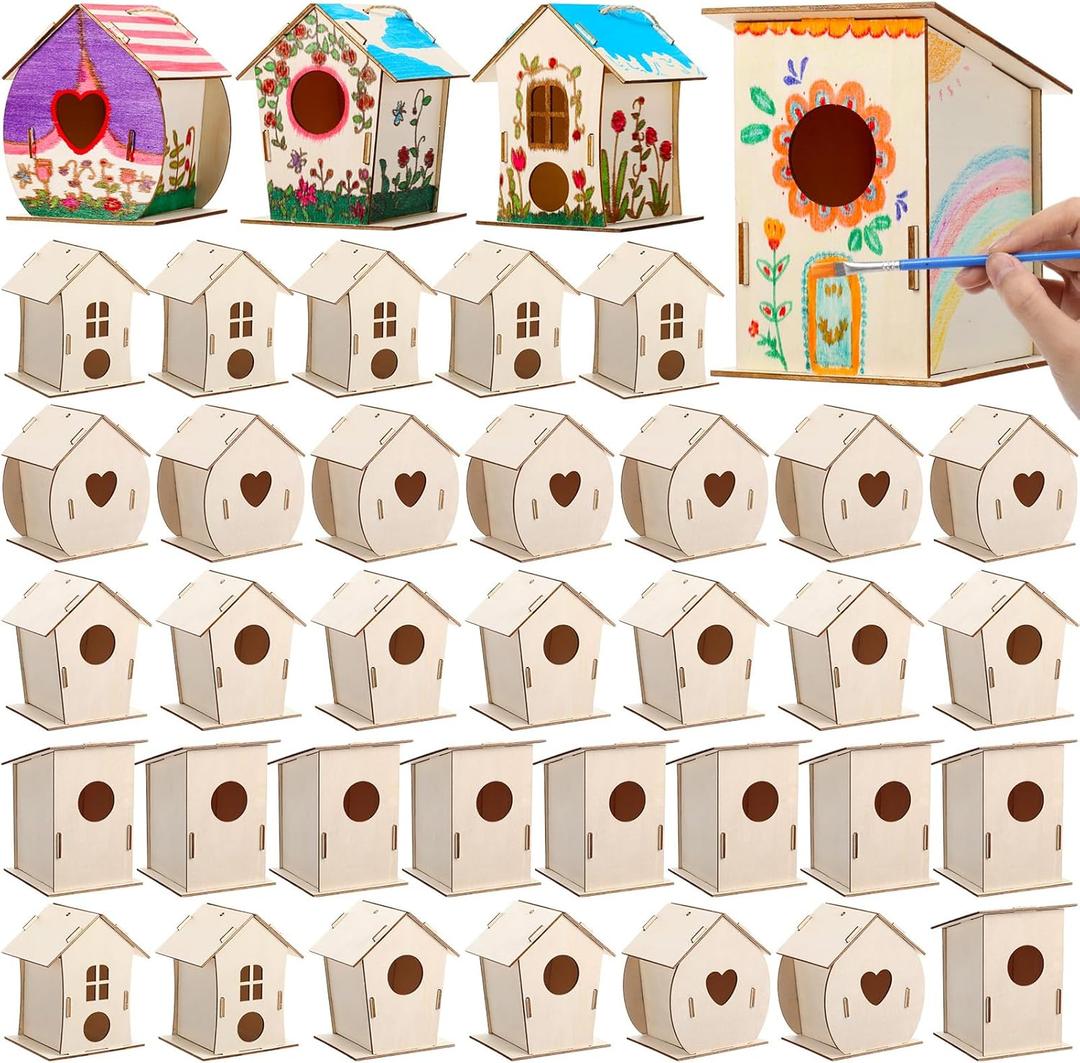 DoubleFill 12 Pcs Bulk Wooden Bird Houses Kits for Kids DIY Crafts and Arts Unfinished Wood Birdhouse to Paint Birthday Gifts for Easter Crafts Class Parties, 4 Styles