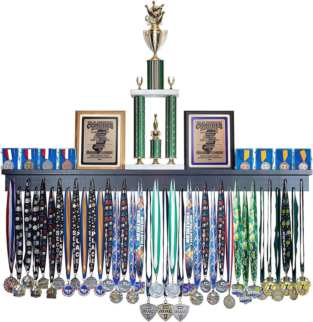 4ft- Medal Awards Rack Premier Medal Hanger Display Rack and Trophy Shelf for Gymnastics, Soccer, Basketball, Football, and More. The Largest Medal and Award Display- 48 (Black)