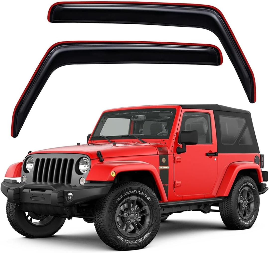 Lightronic Extra Durable Clip-on in-Channel Auto Vent Window Visor, Fits 2007-2017 Jeep Wrangler, 2018 Jeep Wrangler JK, 2-Door, UV Protection Rain Guard, Original Window Deflector, Dark Smoke, 2-Pcs