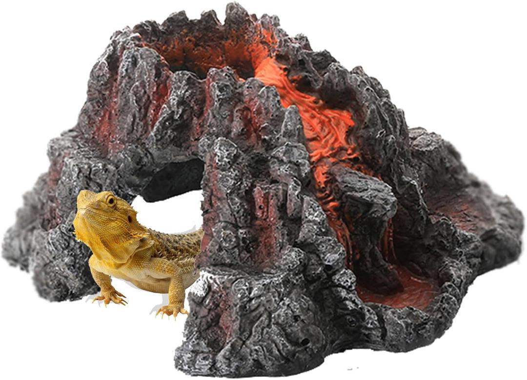 Reptile & Amphibian Habitat Dcor | Volcano Shape Aquarium Decorations Cave| Reptile Rock Hide Cave for Lizards, Bearded Dragon | Resin Fish Tank Cave