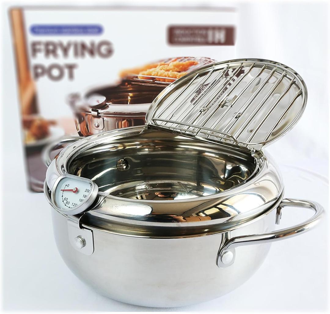304 Food Grade Stainless Steel Deep Fryer Pot, 2.2L Small Tempura Frying Pot with Lid and Oil Drip Drain Rack. Includes Tong (2.3QT, Suitable for 1-3 people)
