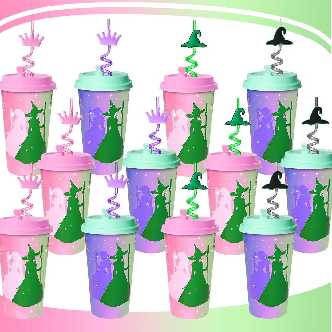 AFZMON Pack of 24 Witch Party Favors Cups with Straws Bulk, 16OZ Pink and Green Plastic Cups, Change for Good Birthday Party Decorations Goodie Bags Stuffers Supplies Gifts for Kids