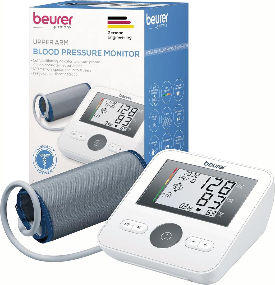 Beurer BM27 Upper Arm Blood Pressure Monitor for Home Use with Automatic Adjustable Cuff, 120 Memory Sets, Irregular Heart Rate Detection, Risk Indicator, and Storage Bag