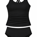 Century Star 2 Piece Girls Tankini Swimsuit - UPF 50+ Front Cutout Black Swimsuit Set Adjustable Straps Ink Jet Black 14-15 Years
