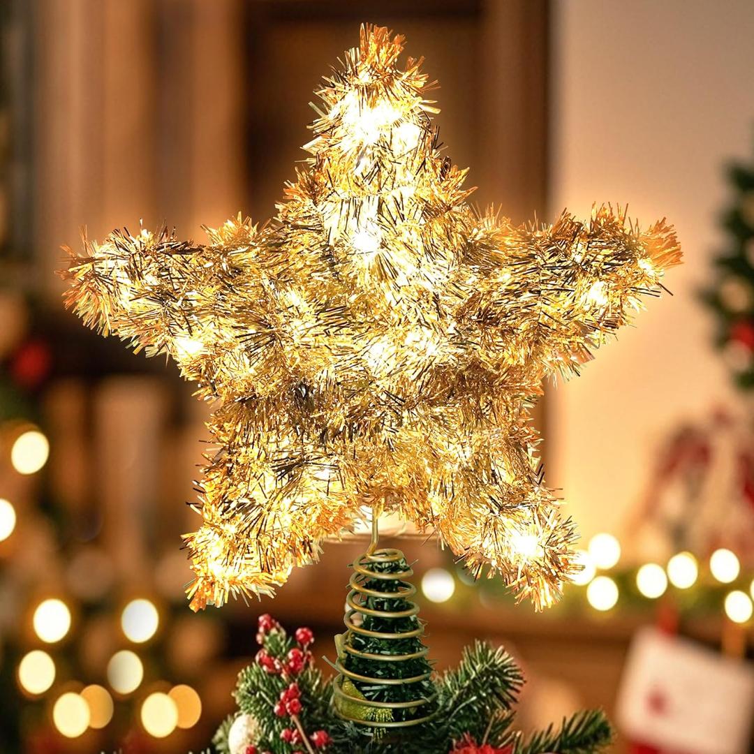 Christmas Tree Topper Star Shiny Gold Tinsel Star Tree Topper 10 Inch Lighted Tree Topper Battery Operated Christmas Tree Decoration for Holiday Indoor Decoration Warm White Light