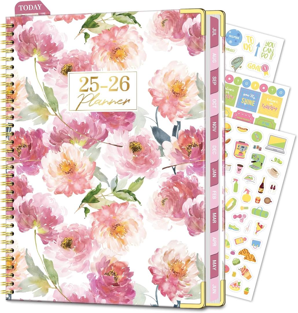Academic Planner 2025-2026, 8.5" x 11", Weekly & Monthly Planner from JUL.2025 to JUN.2026, Column View Calendar Organizers, Spiral Hardcover Agenda Book with Tabs for Office School Supplies, Floral