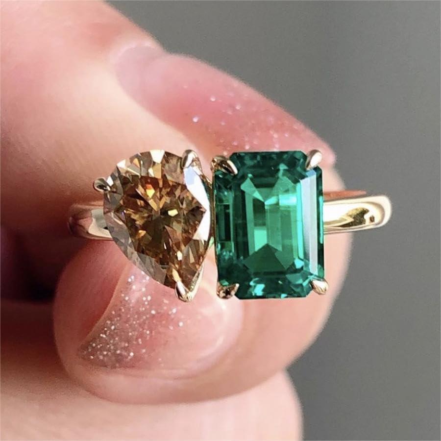 14K Gold Plated Women's Engagement Double Stone Ring Emerald and Pear Cut Champagne Eternal Cubic Zirconia Wedding Promise Ring Size 7
