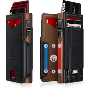 Wallet for Men Wallet with Slim Pop Up Card Holder 9-13 Cards, Bifold Minimalist Smart Wallet RFID Blocking Credit Card Holder with ID Window & Stretchable Cash Slot Compact Metal Aluminum Card Case (Black + Coffee Brown)