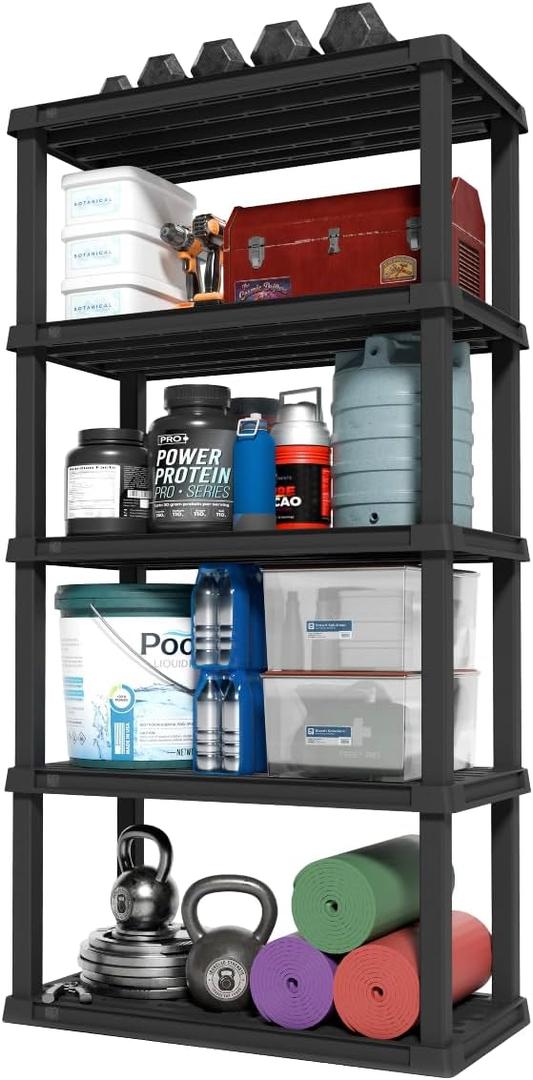 IRIS USA 5-Shelf Heavy Duty Plastic Storage Shelves, 750lb Capacity, 73" H x 36" W x 18" D, Large Modular Shelving Unit Storage Organizer for Garage, Home, Warehouse & Gym, Storage Rack - Black