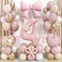 Pink 4 Balloon Number 40 Inch, Dusty Blush Pink Gold Sand White Latex Balloons 4 Year Old Birthday Decoration Bow Heart Foil Balloon Ribbon Bow for Girl Women Boho 4th Birthday Anniversary Party Decor