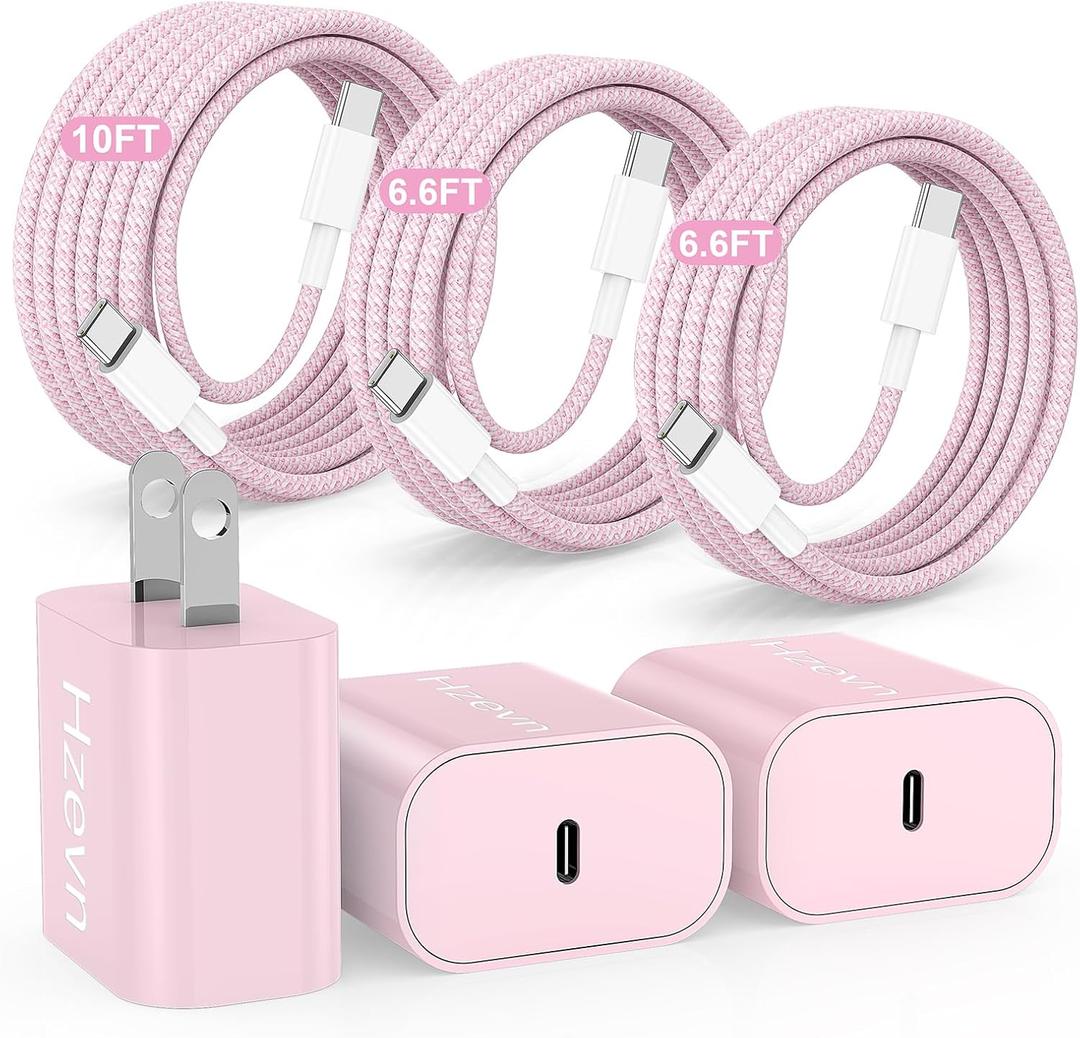 20W USB C Fast Charging for iPhone 17 Air/16/15 Pro Max, 3Pack Colorful Mixed Charger Block with Braided Long USB C to C Cables (6/6/10ft) Compatible with iPhone16/15 Pro/15 Plus/iPad Pro (Pink)