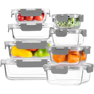 HOMBERKING 8 Pack Glass Food Storage Containers with Lids, Meal Prep Containers, Airtight Bento Boxes with Leak Proof Locking for Microwave, Oven, Freezer and Dishwasher, BPA Free, 5-35oz