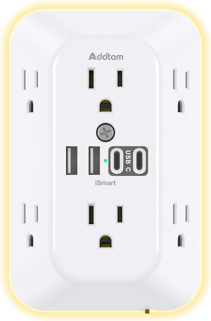 Addtam Surge Protector Outlet Extender, 6 Outlet Splitter with Night Light and 4 USB Wall Charger(2 USB-C Ports), Multi Plug Wall Outlet Power Strip for Home Office Dorm Room Essentials