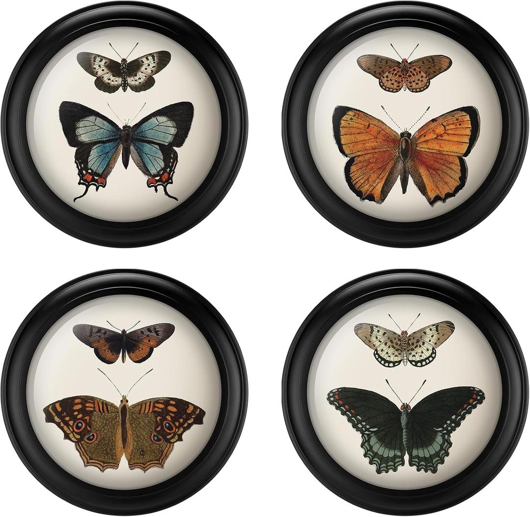 Beeveer 4 Pcs 7 Inch Vintage Round Wood Framed Butterfly Wall Art Insect Illustration Prints Picture Butterfly Art Wooden Wall Hanging Picture Frames for Living Room Bedroom Home Decor