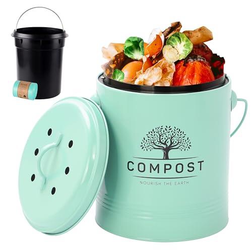 Perfnique Kitchen Compost Bin, 1.3 Gallon Countertop Compost Bin with Lid, Indoor Compost Bucket Includes Inner Bucket Liner and Carbon Filter, Small Compost Bin with Trash Bags (with Bags, Mint)