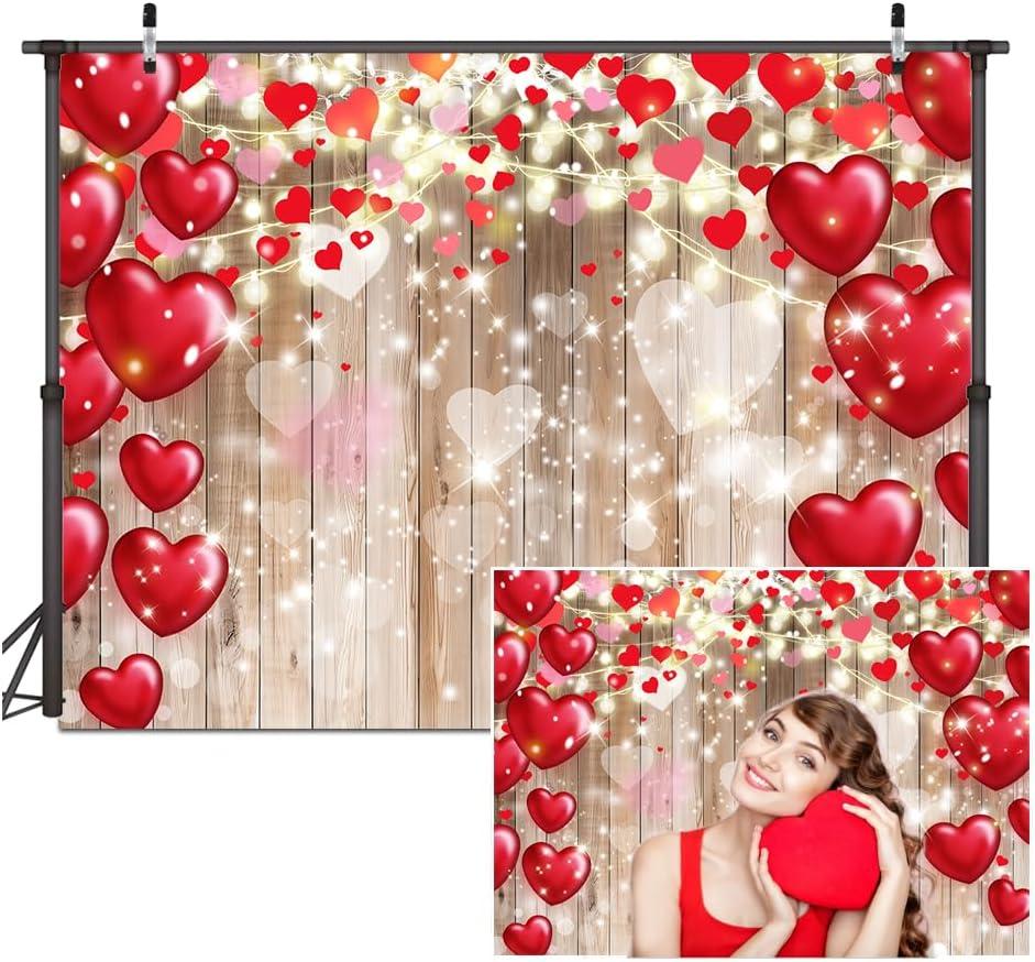Dudaacvt 8X6ft Valentine's Day Backdrop Rustic Wood Red Love Heart Background for Valentine's Day Wedding Bridal Shower Party Decor Banner Portrait Photo Studio Booth Props D685 (brown)