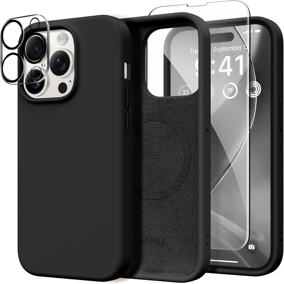 GONEZ for iPhone 14 Pro Case, Compatible with Magsafe, with Screen Protector + Camera Lens Protector, Soft Anti-Scratch Microfiber Lining, Shockproof Liquid Silicone Phone Cover, Black