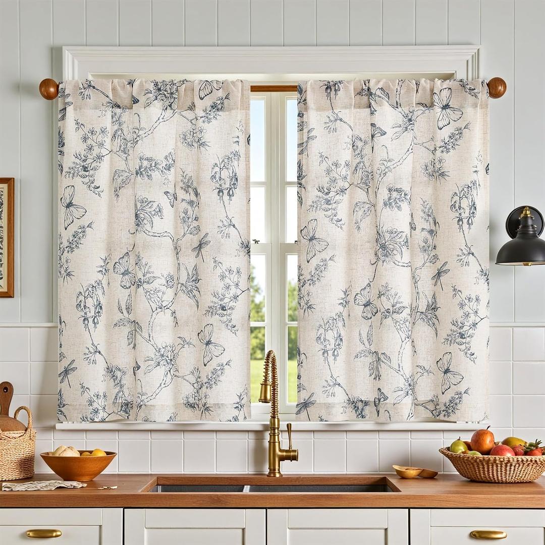 jinchan Floral Kitchen Curtains for Windows 24 Inch Farmhouse Country Linen Tier Curtains Botanic Small Window Drapes for Living Room Bathroom Laundry RV Rod Pocket Rustic 2 Panels Blue on Beige