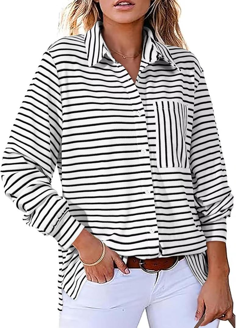 Astylish Women's Casual Blouses Button Down Business Work Tops Long Sleeve V Neck Striped Shirts 2025 Fall Outfits (X-Large)