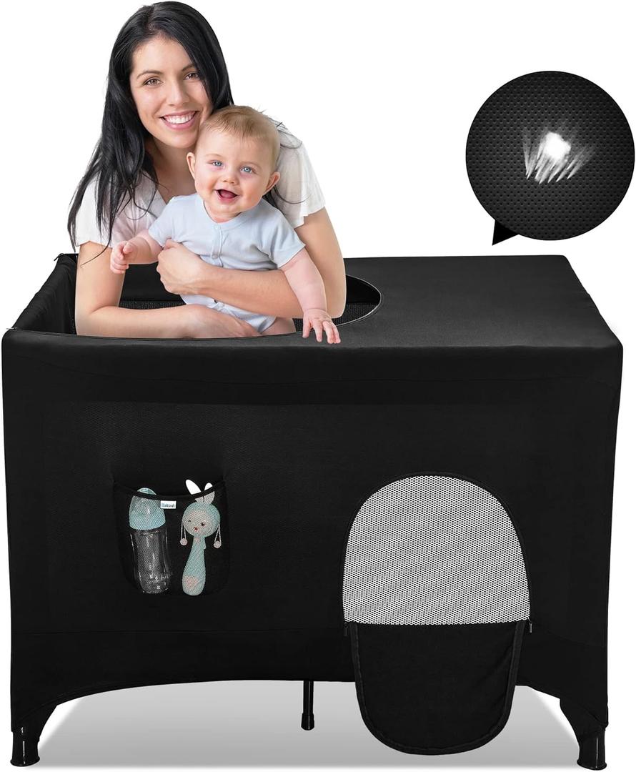 Poudee Pack n Play Blackout Cover Travel Crib Blackout Cover Breathable Blackout Tent for Travel Crib Portable Stretchy Netting Cover