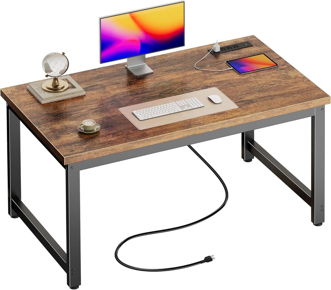 Huuger 55 x 24 inch Desk with Power Outlets & USB-C, Deeper & Thicker Desktop, Robust Metal Tubes, Computer Desk, Heavy Duty Office Desk, Work Gaming Desk for Home Office, Rustic Brown