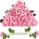24 Pcs Pink Rose Artificial Flowers with Long Stem Real Touch Silk Plastic Bouquet Pink Roses Bulk for Wedding Party Table Centerpieces Festival Decorations