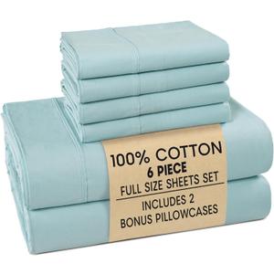 Casa Platino Full Sheets Sets  100% Cotton Full Sheets Cooling with 4 Pillowcases, 15" Deep Pocket Fitted Sheet, Crisp & Smooth Feel, Ultra Soft & Cozy, Fit  Blue Sky