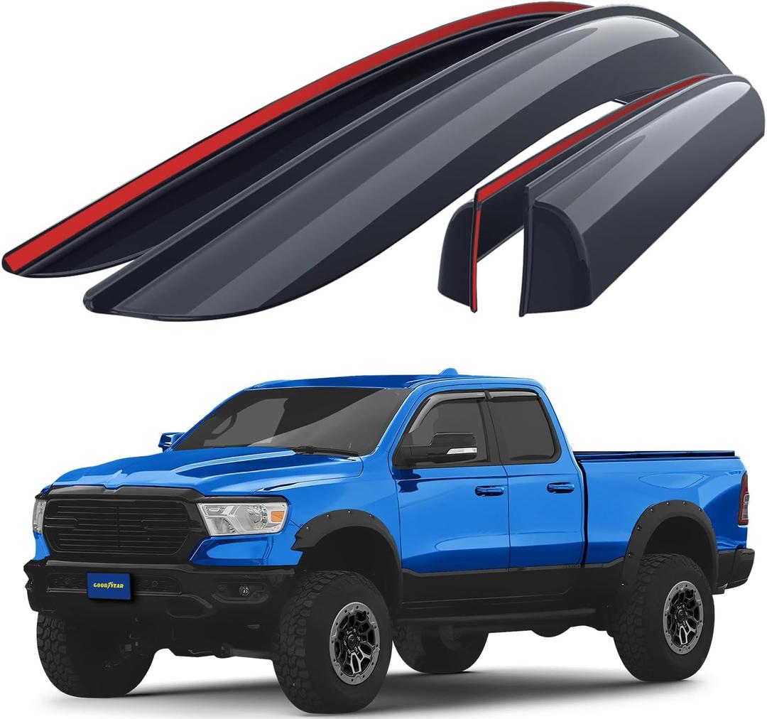 Goodyear Shatterproof Side Window Deflectors for Trucks Dodge RAM 1500 2019-2025 Quad Cab, Tape-on Rain Guards, Window Visors for Cars,Vent Deflector, Vent Visor, Truck Accessories,4 pcs - GY008864