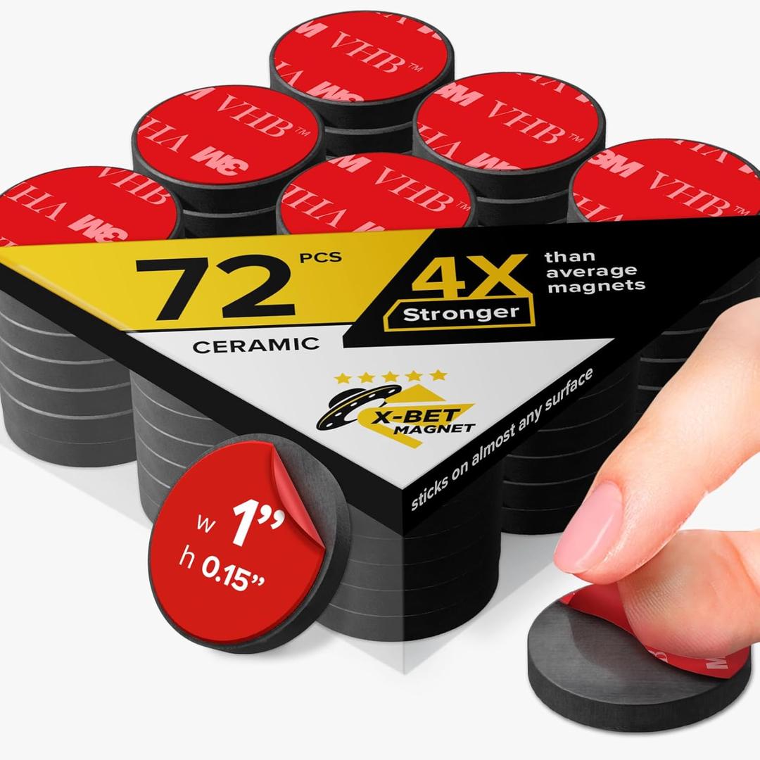 X-bet MAGNET Heavy Duty Adhesive Magnets - Ultra Strong 1" Round Sticky Magnet for Whiteboard & Fridge - Planning & Organization (1", 72 pcs)