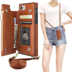 Bocasal Crossbody Wallet Case for iPhone SE 2022/SE 2020/7/8 with Card Holder,Zipper Card Slot Protector Shockproof Purse Cover with Removable Cross Body Strap 4.7 Inch(Brown)
