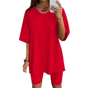 Ekouaer Women Cotton Lounge Sets Summer Outfits T-Shirt Top and Biker Short Set 2 Piece Matching Tracksuit (Large)