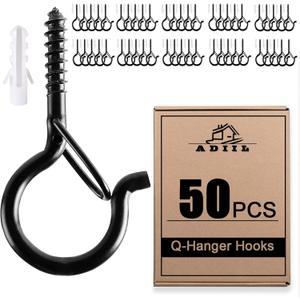 ADIIL 50 PCS Q Hanger Hooks with Safety Buckle, Windproof Screw Hooks for Hanging Outdoor String Lights, Plants, Christmas Patio Lights, 2.2 Inches, Black